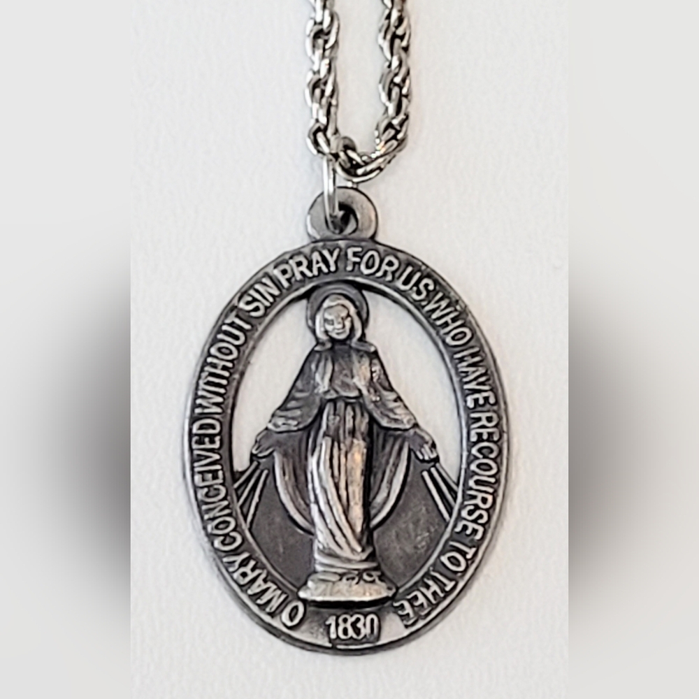 Immaculate Virgin Mary Silver-Tone Medal Pendant Necklace